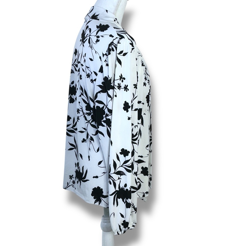 AUW Tie Front Blouse Long Sleeve Bold Floral Black White Women's Top Size XL - Picture 8 of 16